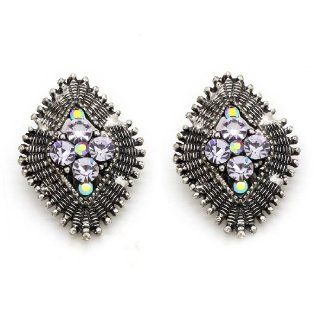 Vintage Metal Textured Rhombus Clip On Earrings / Jewelry with Purple Gemstones   Silver Finish Dangle Earrings Jewelry
