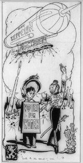 'Ark to the sound of war, luv', Cartoon, 1914?, by Ross, Zeppelin, bomb, suffragette   Prints