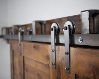 Heavy Duty Bypass Barn Door Hardware System   7 Ft Brushed Steel Finish Includes 4 Hangers   Metal Rollers Kitchen & Dining