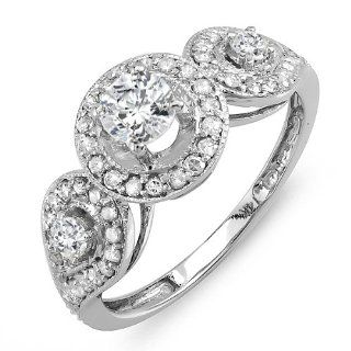 1.00 Carat (ctw) 14k White Gold Round Diamond 3 stone Halo Style Vintage Bridal Engagement Ring 1 CT Jewelry