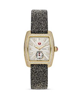 MICHELE Urban Mini Diamond Gold Watch Head, 29mm & Gold Tone Crystal on Black Leather Strap, 16mm's