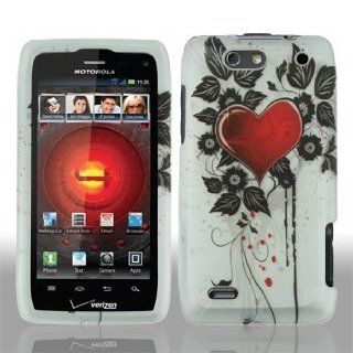 Motorola Droid 4 IV XT894 XT 894 White with Red Love Heart Black Flower Leaves Design Rubber Feel Snap On Hard Protective Cover Case Cell Phone Cell Phones & Accessories