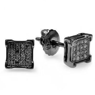 0.10 Carat (ctw) 10K White Gold Black Rhodium Plated Round Diamond V Prong Square Shape Mens Hip Hop Iced Stud Earrings 1/10 CT Jewelry