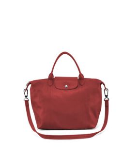 Le Pliage Cuir Handbag with Strap, Red   Longchamp