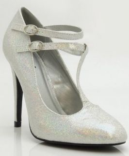 Qupid Serenity 23 Almond Toe Double Mary Jane T Strap Glitter Pump Pumps Shoes Shoes