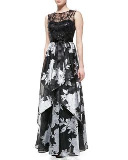 Womens Sleeveless Beaded Bodice Gown with Floral Skirt   Rickie Freeman for