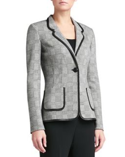 Womens Prince of Wales Plaid Knit Blazer with Pockets & Leather Accents   St.
