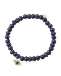 6mm Faceted Sapphire Beaded Bracelet with 14k Yellow Gold/Diamond Small Evil