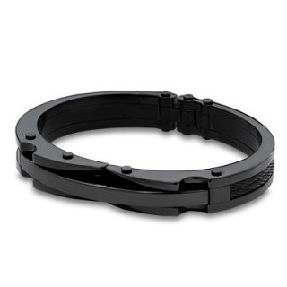 Mens Stainless Steel and Black Ion Plated Bangle with Black Cable