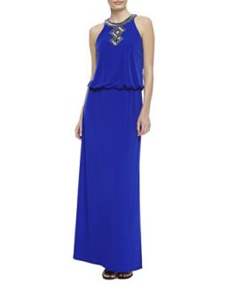 Womens Sequined Trim Halter Blouson Gown, Twilight Blue   Laundry by Shelli