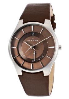 Skagen 989XLSLD  Watches,Mens Brown Dial Brown Genuine Leather, Casual Skagen Quartz Watches