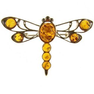BALTIC AMBER AND STERLING SILVER 925 DESIGNER COGNAC DRAGONFLY BROOCH PIN JEWELLERY JEWELRY Jewelry