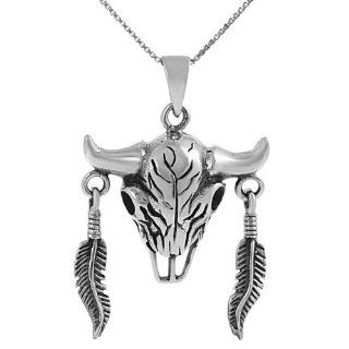 Sterling Silver Native American Buffalo Skull with Feathers Necklace .925 Stamp Hypoallergenic Jewelry