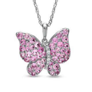 Lab Created Pink and White Sapphire Butterfly Pendant in Sterling
