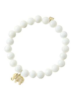 8mm Faceted White Agate Beaded Bracelet with 14k Gold/Diamond Small Elephant