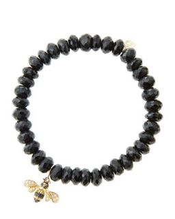 8mm Faceted Black Spinel Beaded Bracelet with 14k Gold/Diamond Bee Charm (Made