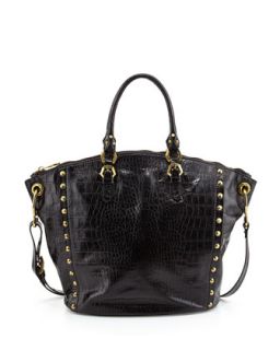 Mila Croc Print Leather Tote Bag, Black   Oryany