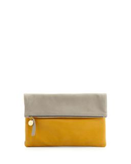 Two Tone Tumbled Leather Fold Over Clutch Bag, Gray/Yellow   Clare Vivier
