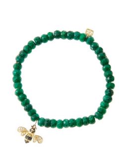 6mm Faceted Emerald Beaded Bracelet with 14k Gold/Diamond Bee Charm (Made to