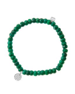6mm Faceted Emerald Beaded Bracelet with Mini White Gold Pave Diamond Disc