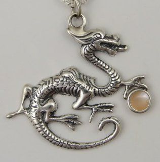 The Sage Dragon in Sterling Silver, Accented with Genuine Peach MoonstoneJewelry Made in America Pendant Necklaces Jewelry