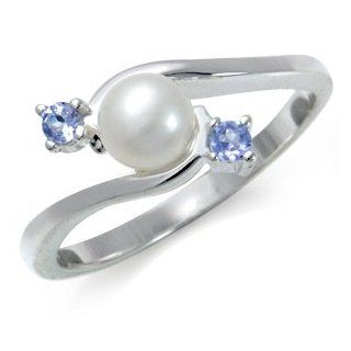 Natural White Pearl & Tanzanite 925 Sterling Silver Ring Size 9 Jewelry
