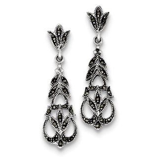 925 Sterling Silver Antique Dangle Marcasite Post Earrings Jewelry