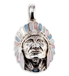 925 Silver Mother of Pearl American Indian Head Pendant Jewelry