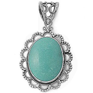 Gorgeous Oval Simulated Turquoise Design .925 Sterling Silver Pendant Necklace Jewelry