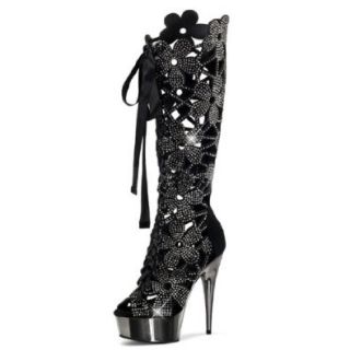 Black Velvet Suede Floral Cutout Knee High Platform Boots with 6 Inch Heels Shoes