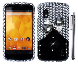 The Friendly Swede 3D Diamond Rhinestone Bling Case for Google Nexus 4 (LG E960) + Stylus + Screen Protector + Tool in Retail Packaging (Black and Silver Glass Bow Tie) Cell Phones & Accessories