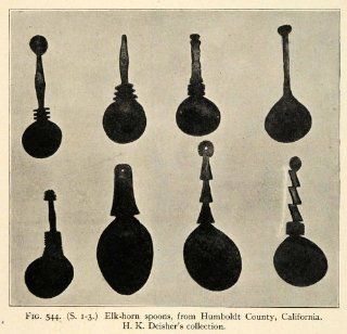 1910 Print Elk Horn Spoons Humboldt California Deisher Native American Tool   Original Halftone Print  