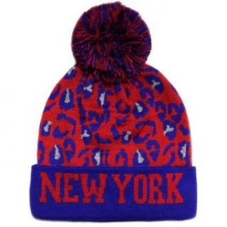 City Hunter Sk950 Leopard New York Pom Beanie   Royal/red at  Mens Clothing store