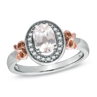 Oval Pink Morganite and 1/10 CT. T.W. Diamond Bow Ring in Sterling