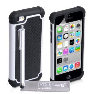 iPhone 5C Case Black / White Tough Grip Combo Silicone Cover With Stylus Pen Cell Phones & Accessories
