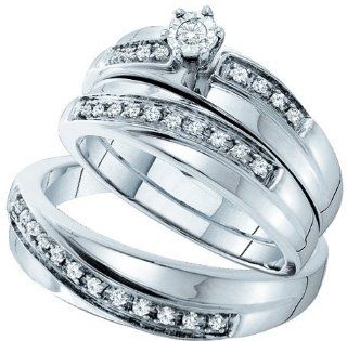 0.26 Carat (ctw) 14k White Gold Brilliant Round White Diamond Men's & Women's Bridal Engagement Ring Trio Set 1/4 CT Jewelry