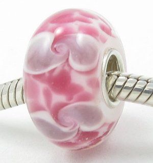 Fun Pink and White Tie Dye European Murano Style Glass Bead Charm with Solid Sterling Silver Single Core Stamped 925 Fits Pandora Biagi Chamilia Troll Bracelets Jewelry