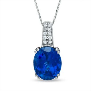 Oval Lab Created Ceylon Sapphire Pendant in 14K White Gold with
