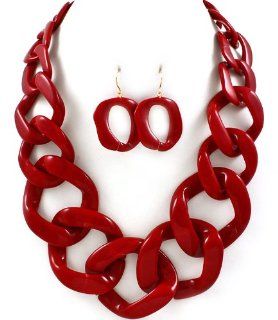 Women's Red Acrylic Chain Link Necklace and Earring Set Jewelry