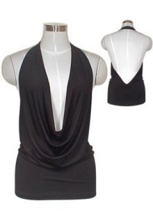 Black Sexy Low Cut Draped Halter Jersey Top Clothing