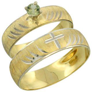 10k Gold 2 Piece 0.25 Carat Green Sapphire Ring Set (Engagement Ring & Man's Wedding Band) Diamond cut Pattern Rhodium Accent, (4.5mm; 5.5mm) wide , Ladies' Sizes 5   10 & Men's Size 8   14 Jewelry