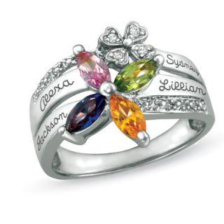 Sterling Silver Family Birthstone Flower Ring with Cubic Zirconia
