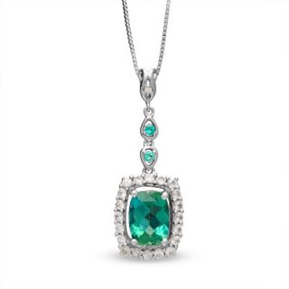 Cushion Cut Lab Created Emerald and White Sapphire Pendant in 14K