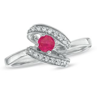 Lab Created Ruby and 1/10 CT. T.W. Diamond Swirl Ring in 10K White