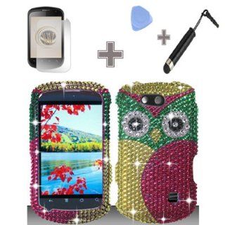 Full Diamond Green Yellow OWL Green Eyes Snap on Hard Case Skin Cover Faceplate with Screen Protector, Case Opener and Stylus Pen for ZTE Groove / X501   Cricket Cell Phones & Accessories
