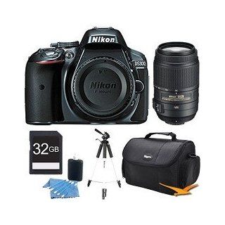 Nikon D5300 DX Format 24.2 MP DSLR Body (Gray) with 55 300mm VR Zoom Lens Bundle   Includes Camera, 55 300mm Lens, 32GB SD Memory Card, Compact Deluxe Gadget Bag, 59" Tripod, and Lens Cleaning Kit.  Camera & Photo