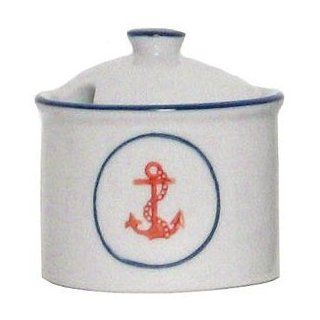 Porcelain Blue & White Nautical Anchor Sugar Bowl, Set of 2   8oz.   3.5"H Kitchen & Dining