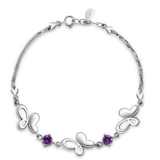 Plusminus Women's Sterling Silver Butterfly with Cubic Zirconia Bangle Bracelet + Gift Box Charm Bracelets Jewelry