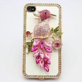 bling 3D white leather pink lark bird diamond rhinestone crystal hard back Case cover for Iphone 4 4g 4s Cell Phones & Accessories