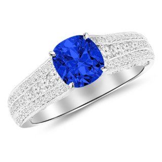 1.7 Carat 14K Gold Gorgeous Channel And Pave Set Graduating Round Designer Diamond Engagement Ring 14K Gold with a 1 Carat Cushion Cut AAA Quality Blue Sapphire (Heirloom Quality) Houston Diamond District Jewelry